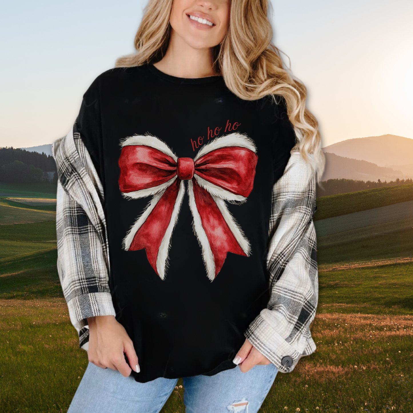 Christmas Ho Ho Ho Bow T-shirt and Sweatshirt