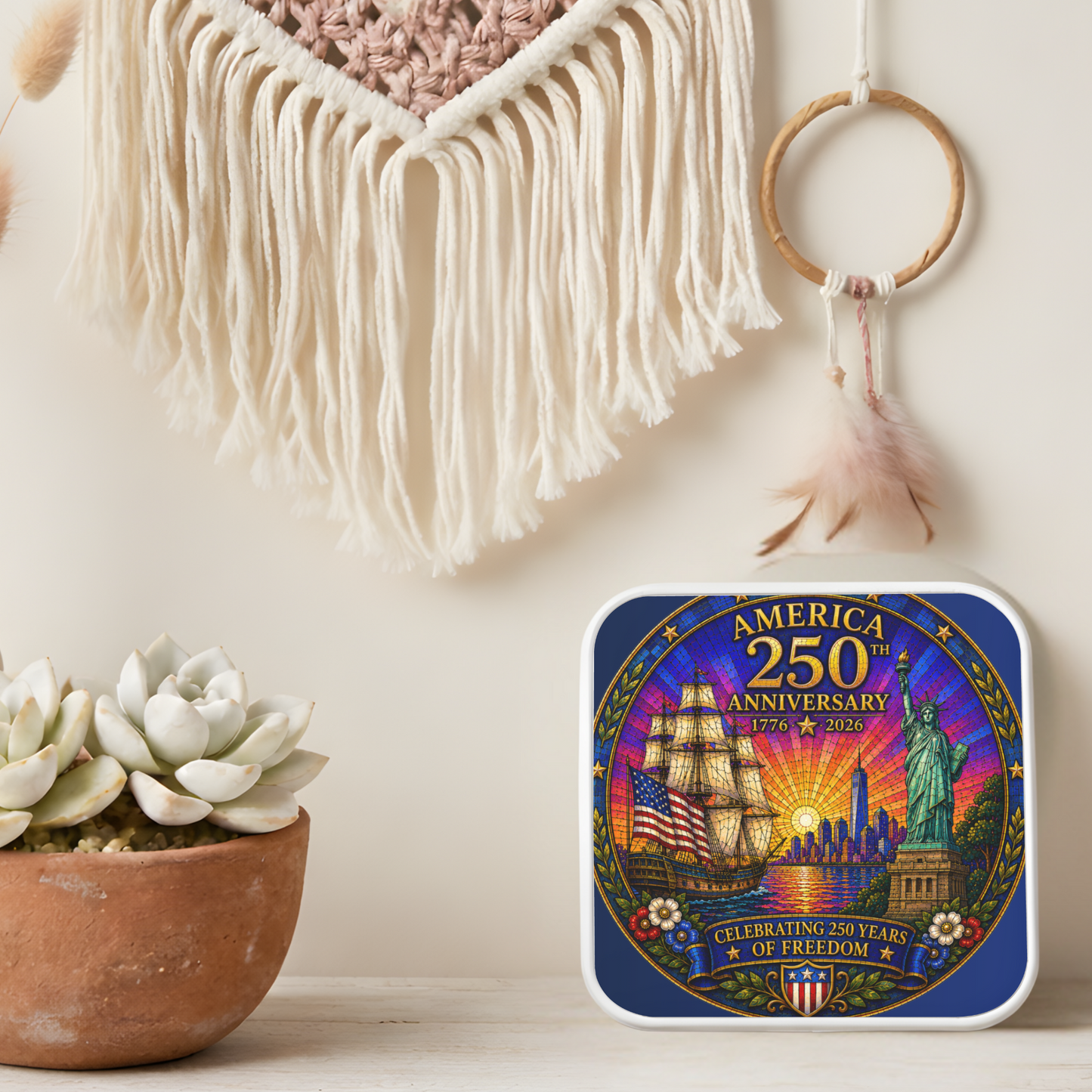 America 250th Anniversary Necklace or Keychain Stained Glass Style Statue of Liberty Ship Patriotic USA Commemorative Limited Edition