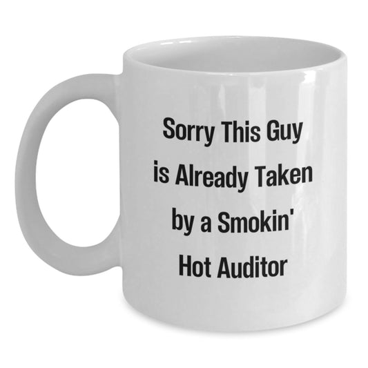 Funny Auditor Gifts from Friends for Graduation Unique White Coffee Mug - 'Sorry This Guy Is Already Taken' - Main