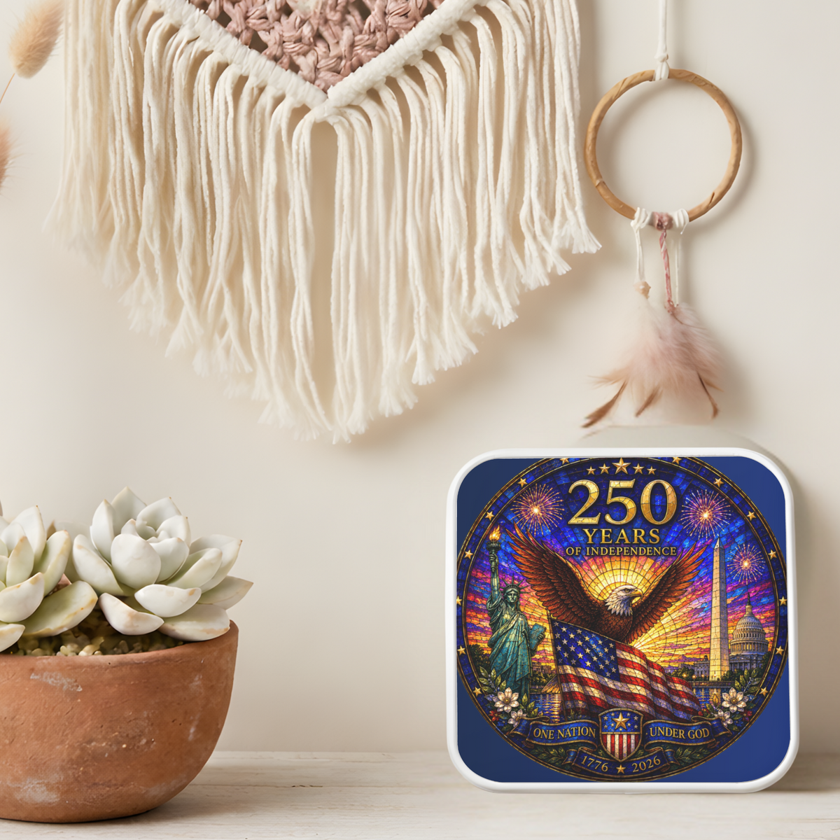 250 Years of Independence Necklace or Keychain Stained Glass Style Patriotic Eagle USA Commemorative Limited Edition