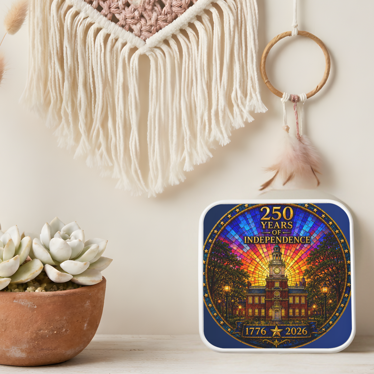 250 Years of Independence Necklace or Keychain Stained Glass Style Independence Hall USA Patriotic Commemorative Limited Edition