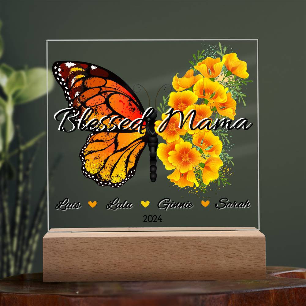 Personalized Floral Butterfly Blessed Mama with Kids Names Plaque
