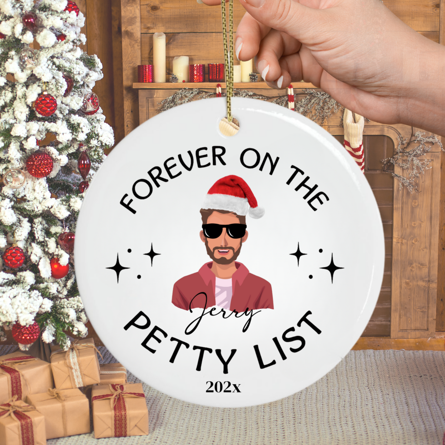 Forever on the Petty List Personalized Christmas Ornament – Funny Custom Name Ornament with Santa Hat – Holiday Gift for Friends & Family