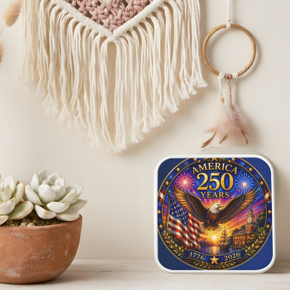 America 250 Years Necklace or Keychain Stained Glass Style Patriotic USA Eagle Commemorative Limited Edition