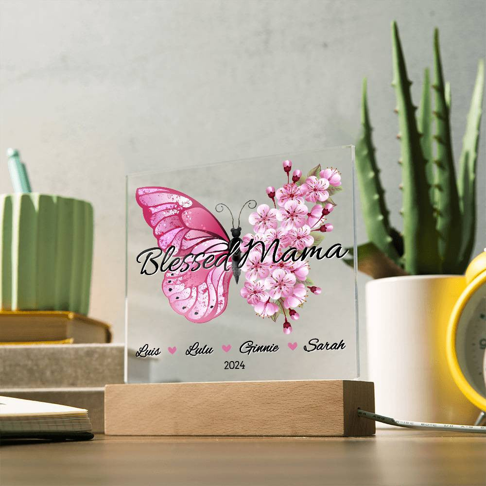 Personalized Pink Butterfly Blessed Mama with Kids Names Plaque