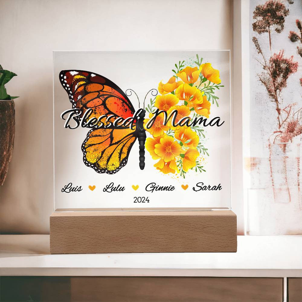 Personalized Floral Butterfly Blessed Mama with Kids Names Plaque