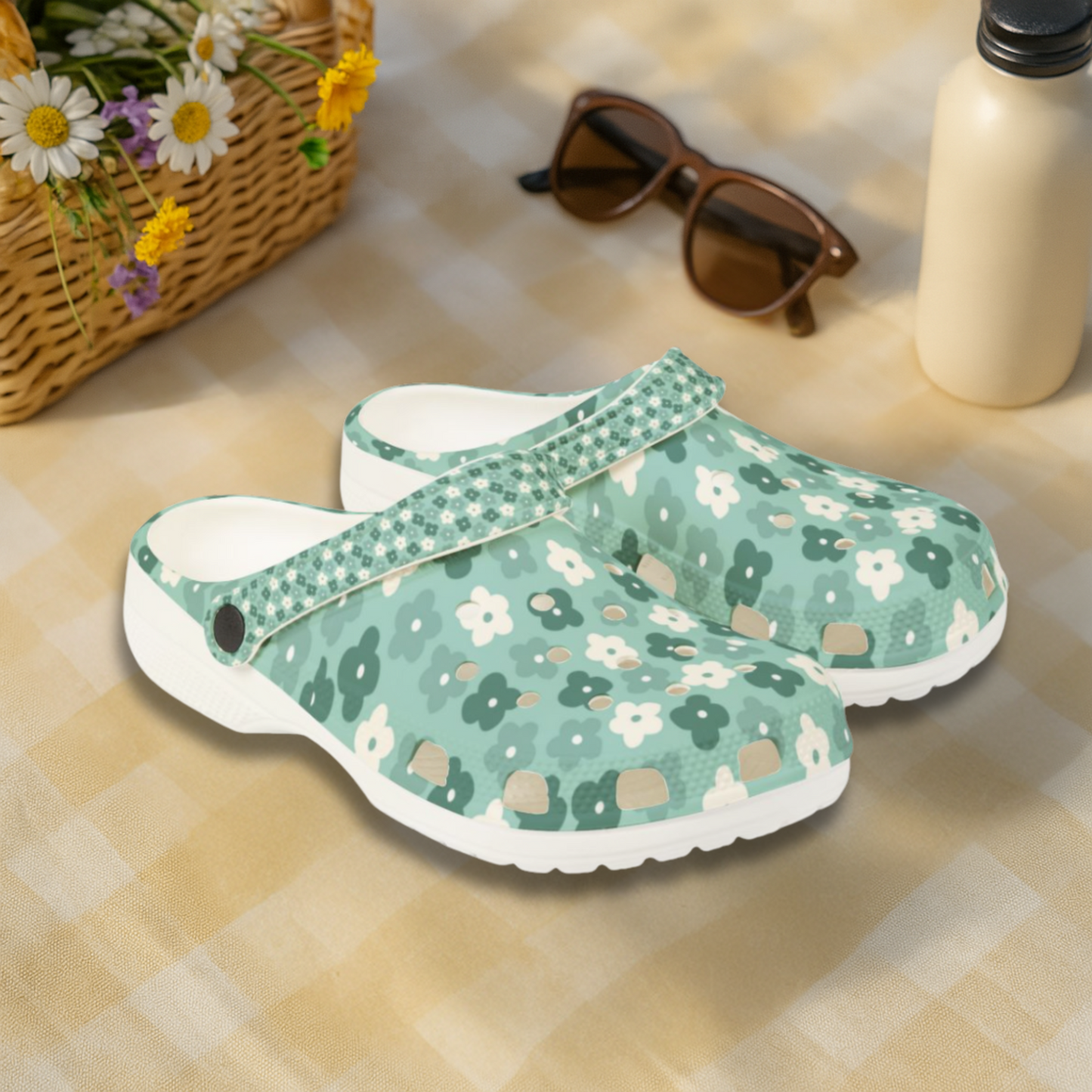 Retro Teal Daisy Garden Shoes for Adults & Kids – Lightweight EVA Slip-On Floral Summer Nurse Sandals Water-Resistant Comfort Footwear, Mom
