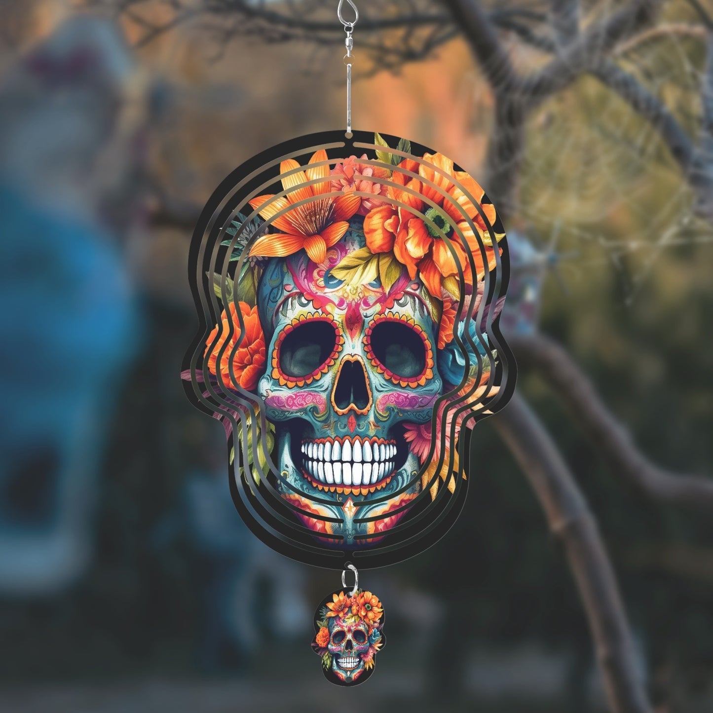 Orange Flowers Skull Wind Spinner