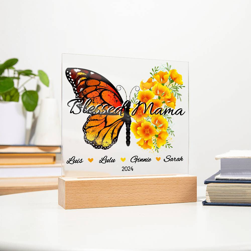 Personalized Floral Butterfly Blessed Mama with Kids Names Plaque
