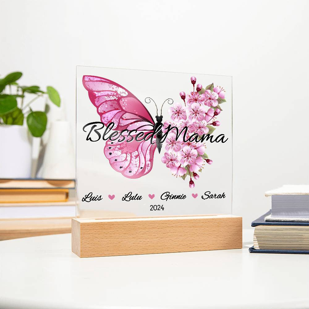 Personalized Pink Butterfly Blessed Mama with Kids Names Plaque