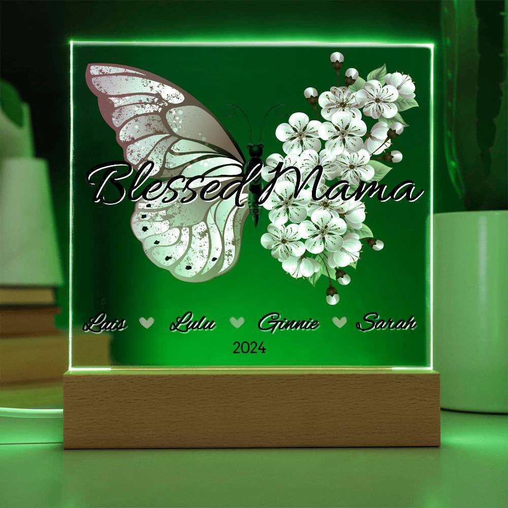 Personalized Pink Butterfly Blessed Mama with Kids Names Plaque