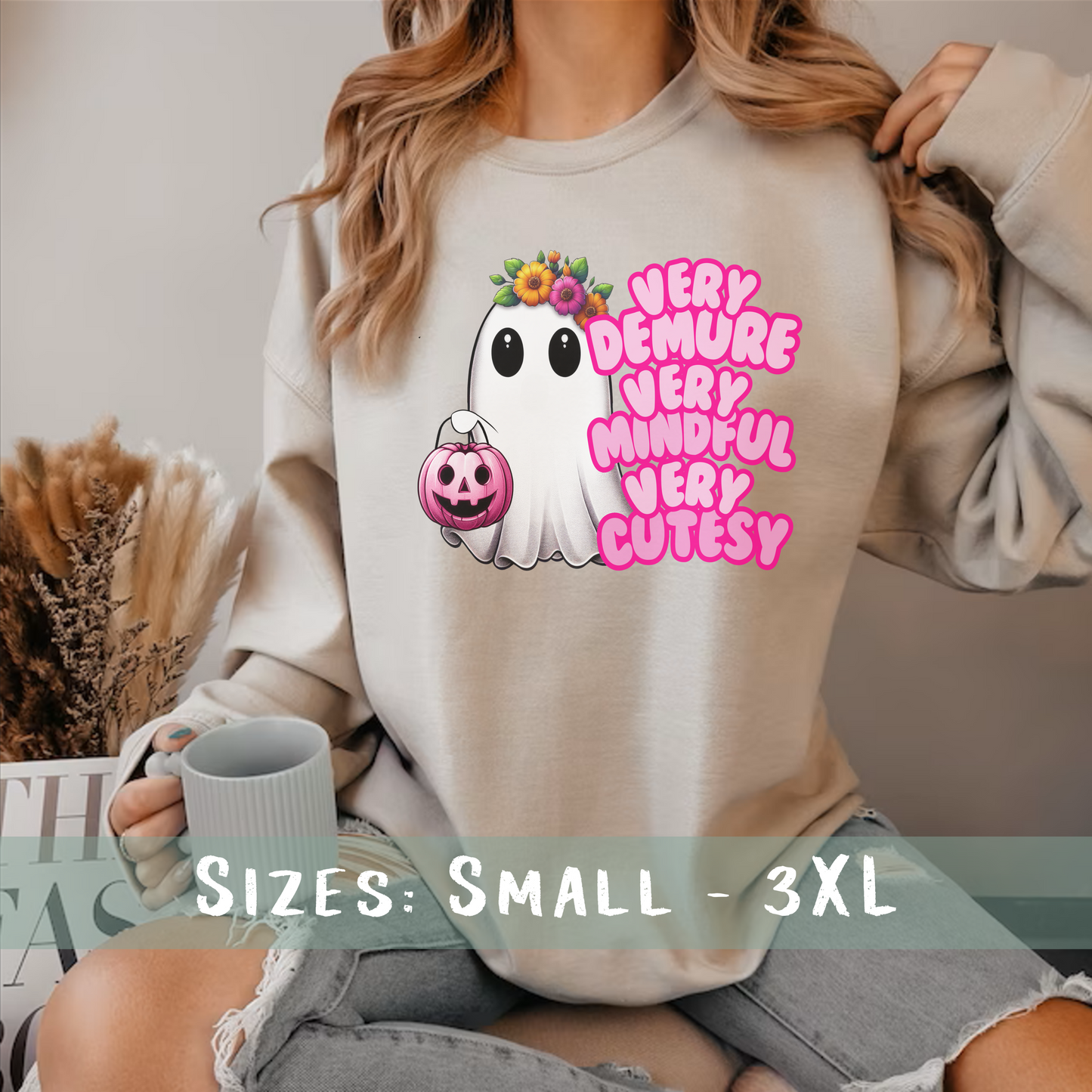 Very Demure Very Mindful Very Cutesy Floral Ghost Sweatshirt
