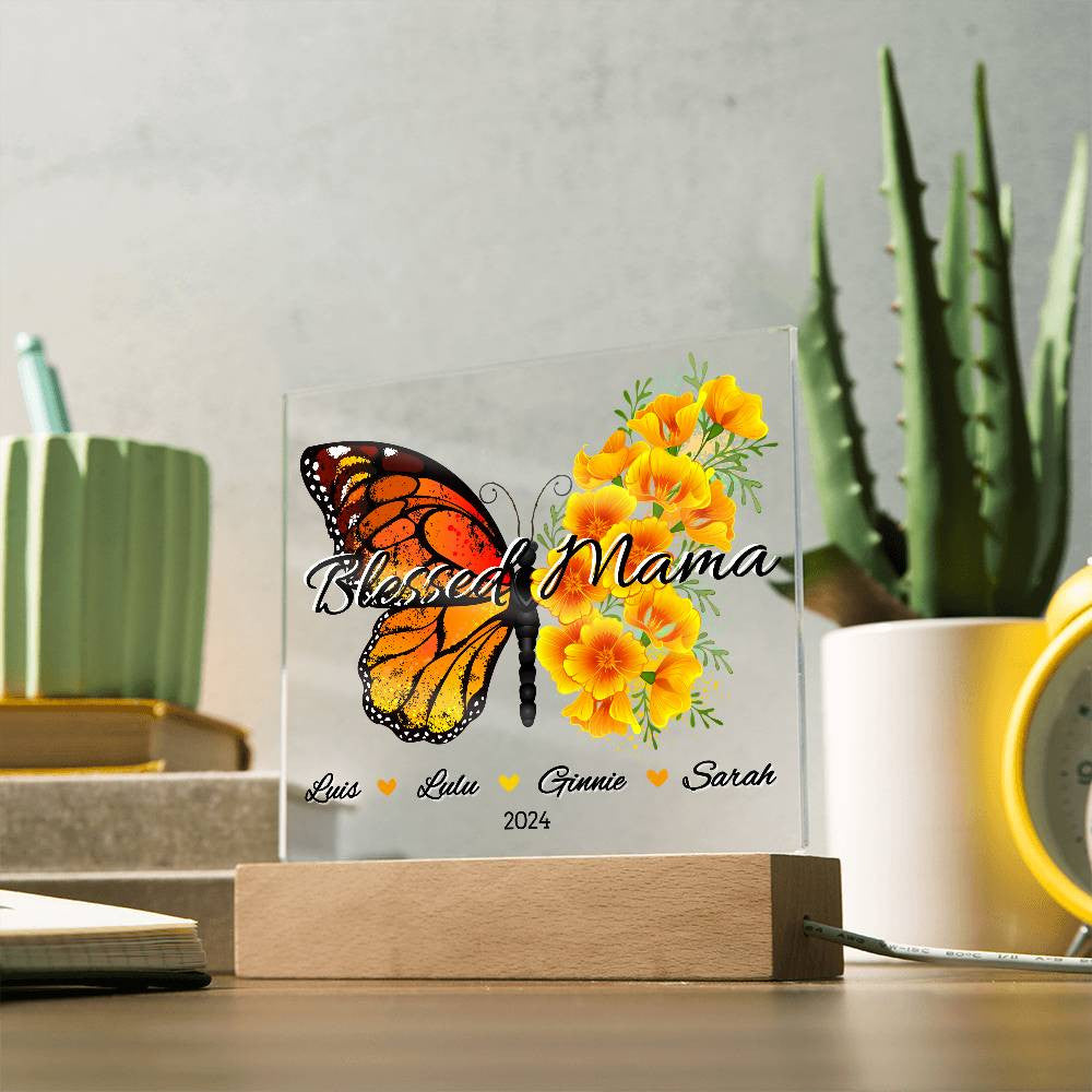 Personalized Floral Butterfly Blessed Mama with Kids Names Plaque