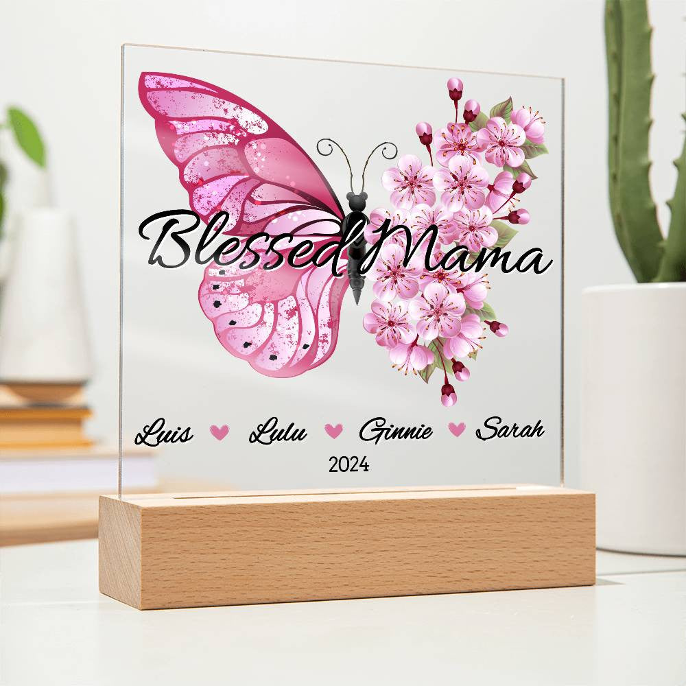 Personalized Pink Butterfly Blessed Mama with Kids Names Plaque