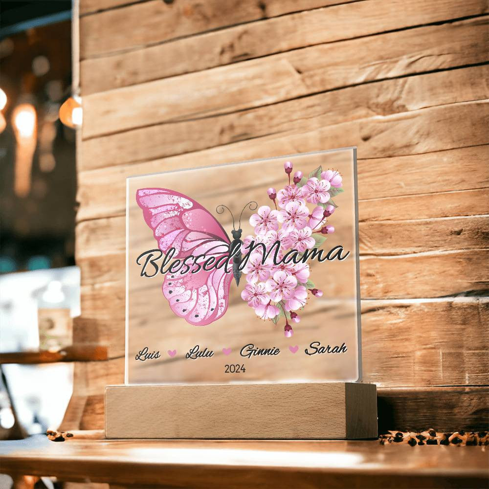 Personalized Pink Butterfly Blessed Mama with Kids Names Plaque