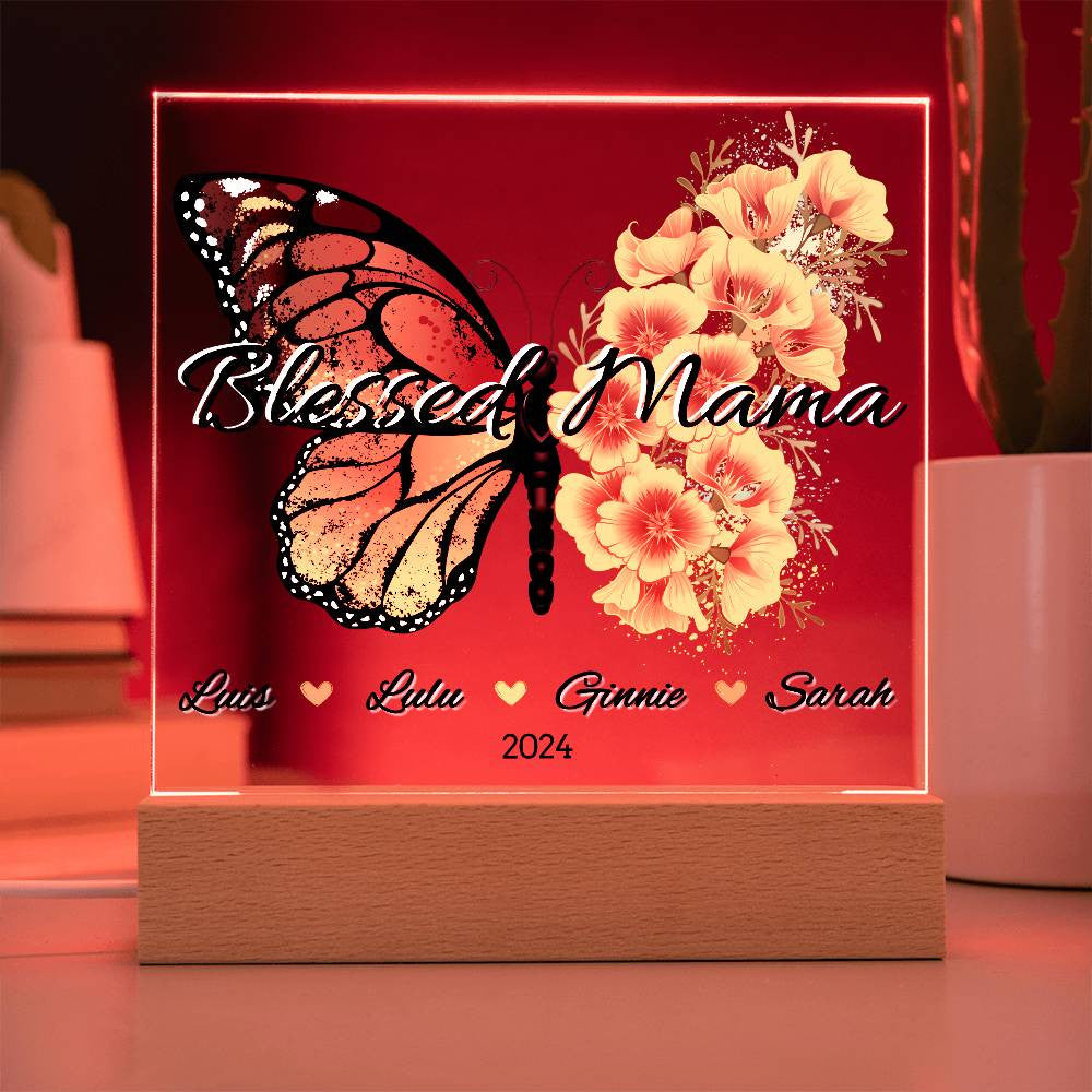 Personalized Floral Butterfly Blessed Mama with Kids Names Plaque