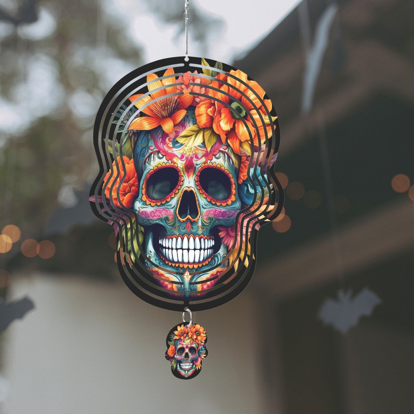 Orange Flowers Skull Wind Spinner