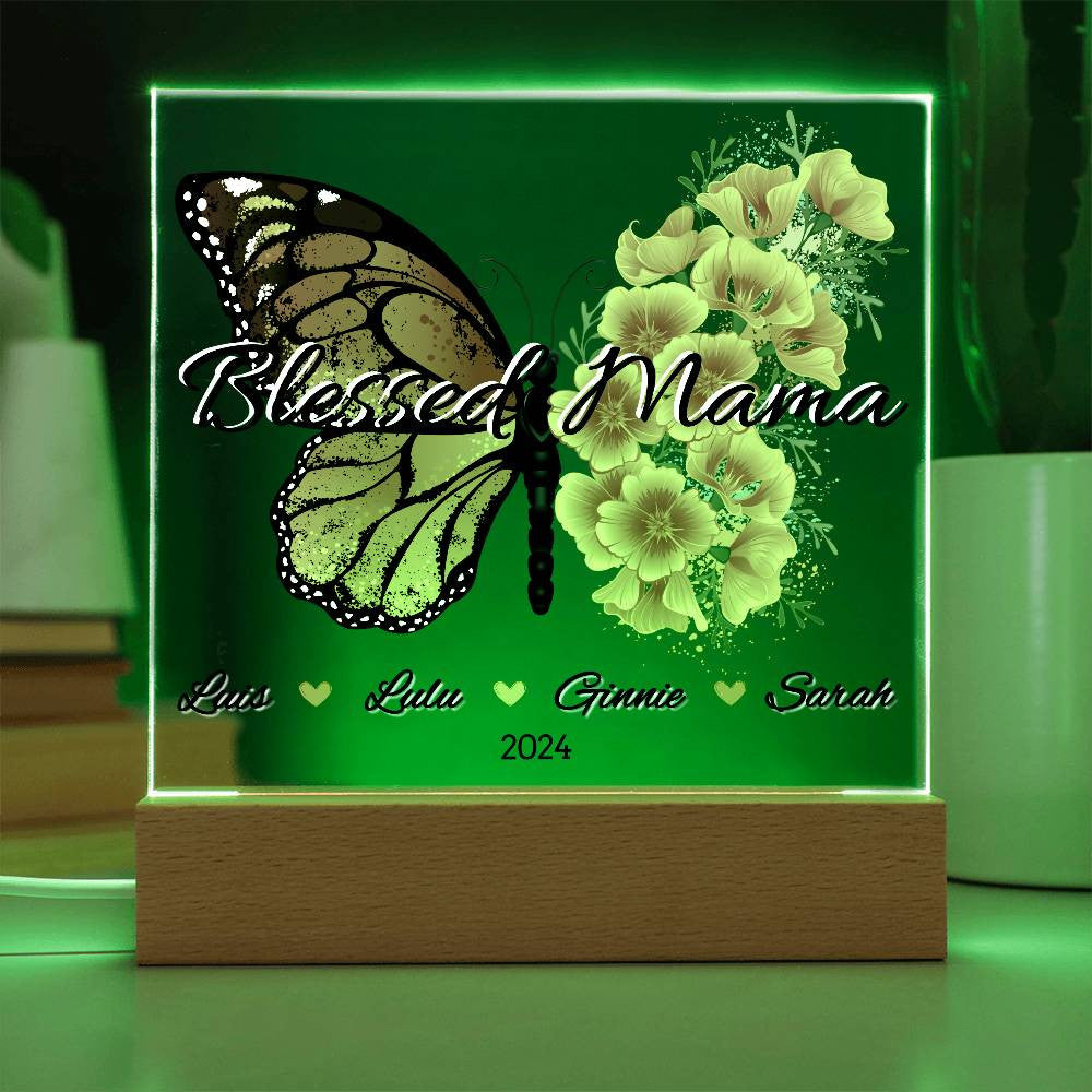 Personalized Floral Butterfly Blessed Mama with Kids Names Plaque