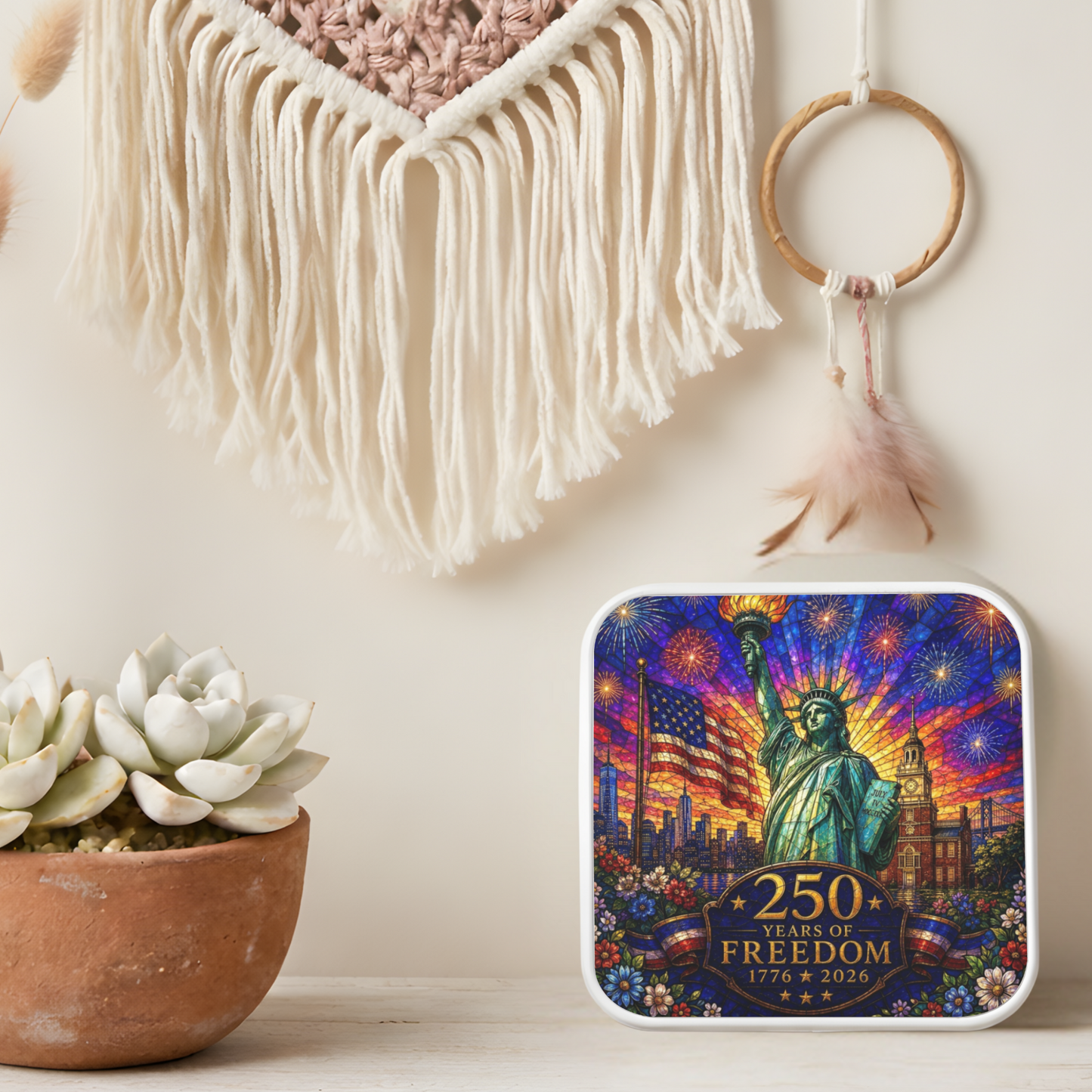 250 Years of Freedom Necklace or Keychain Stained Glass Style Statue of Liberty Independence Hall Patriotic USA Commemorative Limited Edition