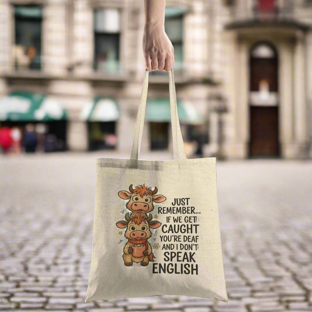 Funny Cow Mug or Tote Bag – “If We Get Caught You're Deaf and I Don't Speak English” – Sarcastic Gift for Best Friend or Cow Lover