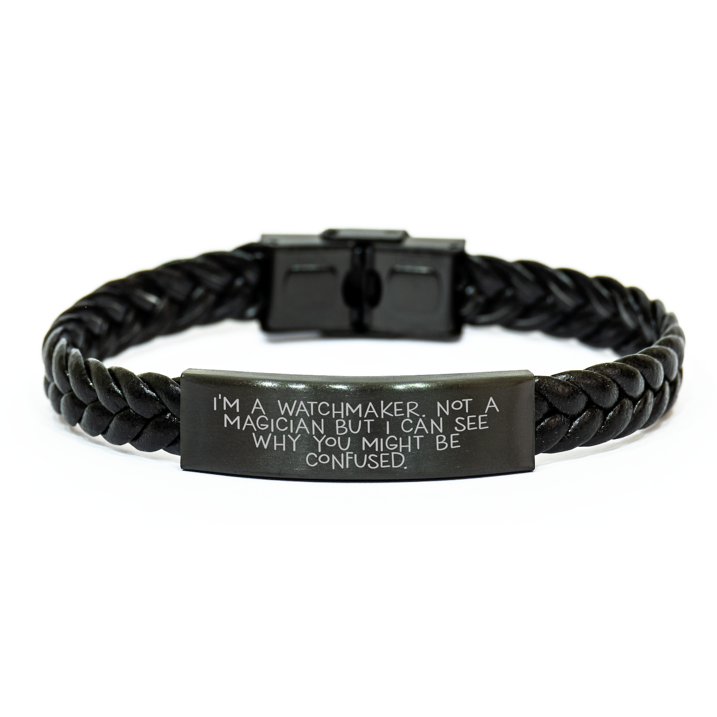 Watchmaker's Delight, Funny Quote Interlaced Leather Bracelet, Gifts from Friends for Watchmaker Graduation, 7.87 inches, Engraved Stainless Steel - Image 1