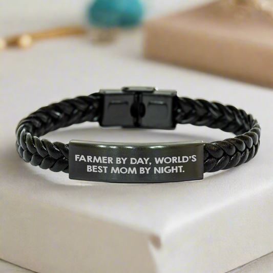 Farmer by Day, World's Best Dad by Night - Interlaced Leather Bracelet, Gifts from Men to Farmers, Unique Father's Day Unique Gifts - Image 1