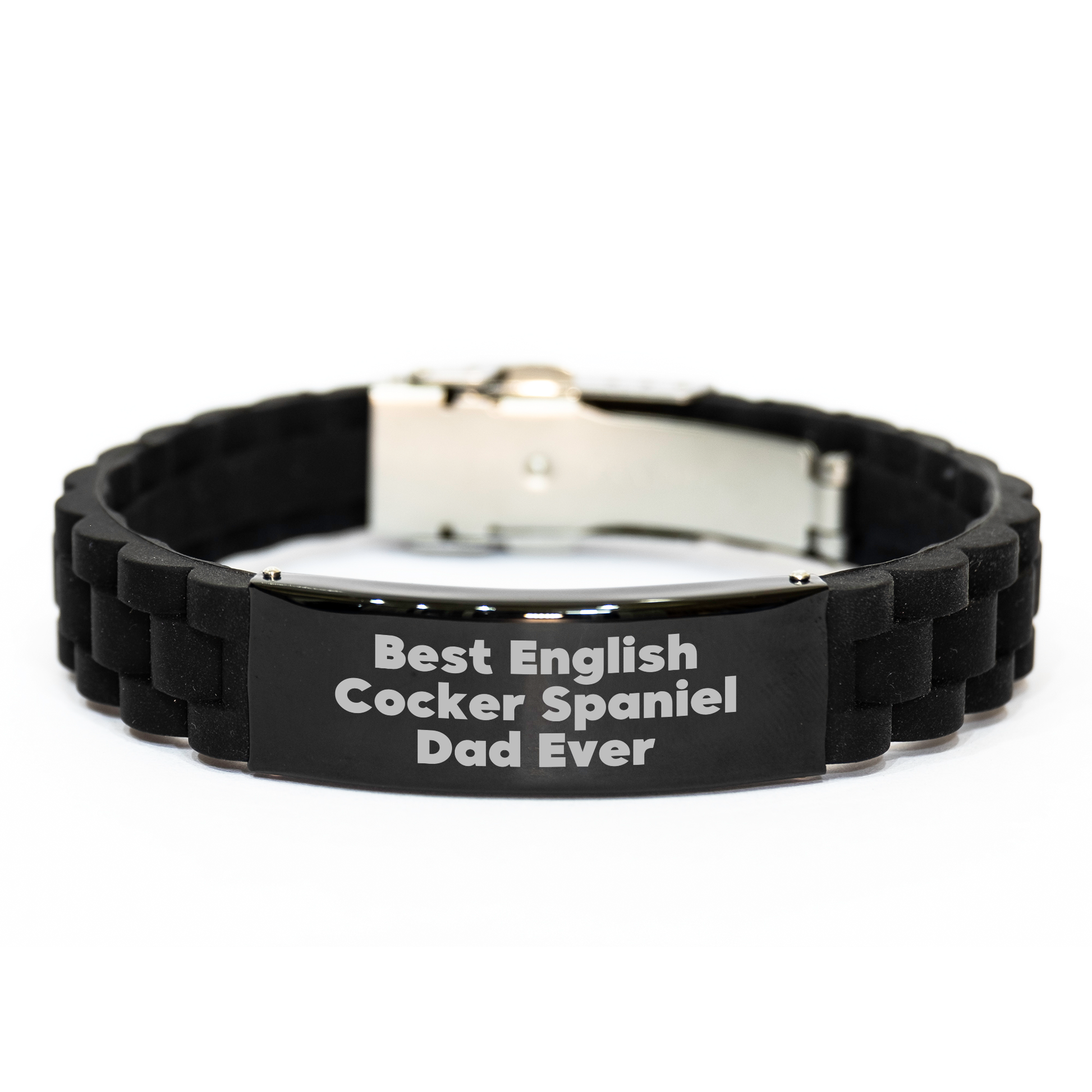 English Cocker Spaniel Dog Dad Gifts from Friends, Best Fathers Day Unique Gifts Quote, Glide lock Clasp Adjustable Black Stainless Steel Silicone Silver - Image 1