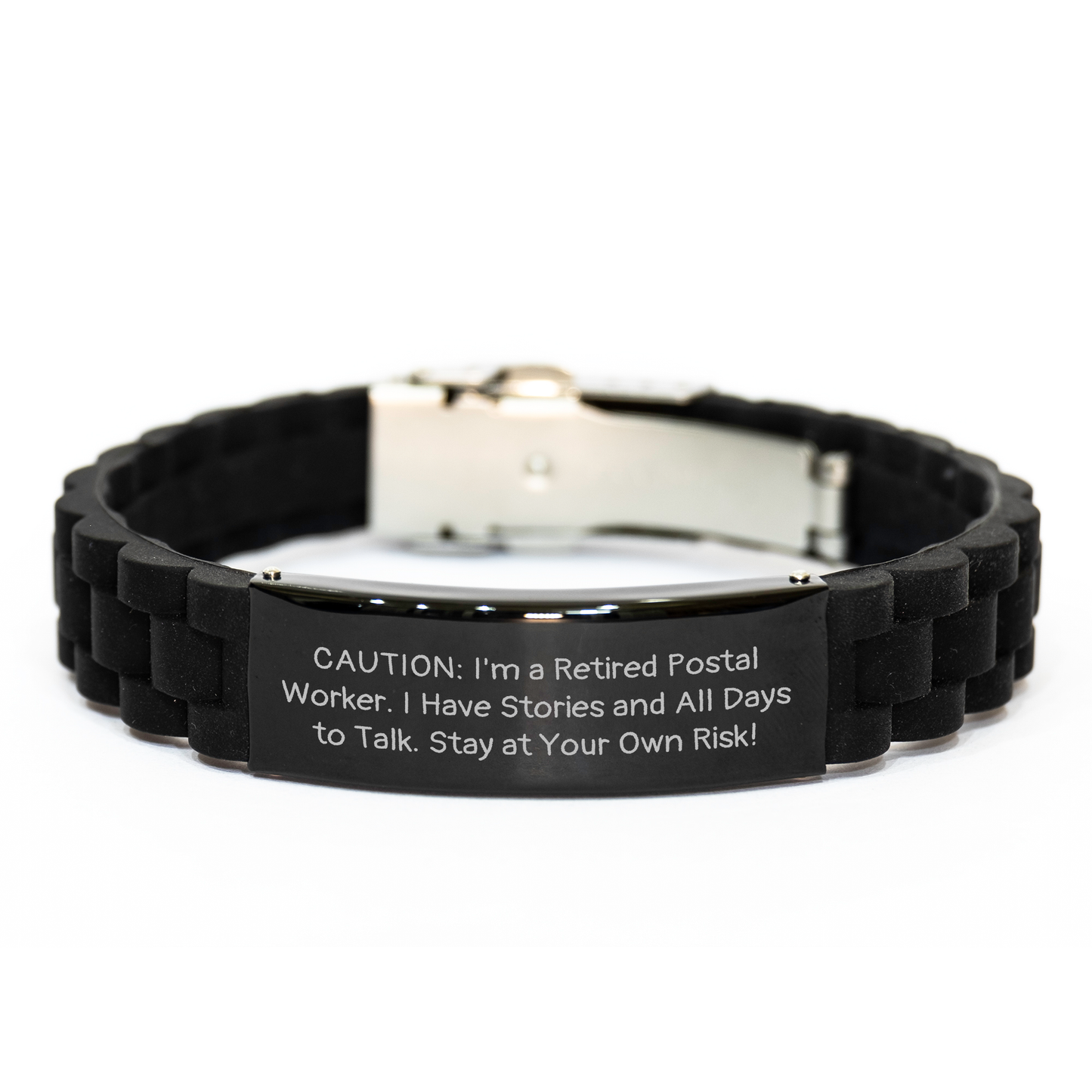 Funny Postal Worker Gifts - Retired Postal Worker Quote Glide lock Clasp Bracelet, Adjustable, Black, Silver, Stainless Steel, Silicone, Father's Day Unique Gifts from Family to Men - Image 1