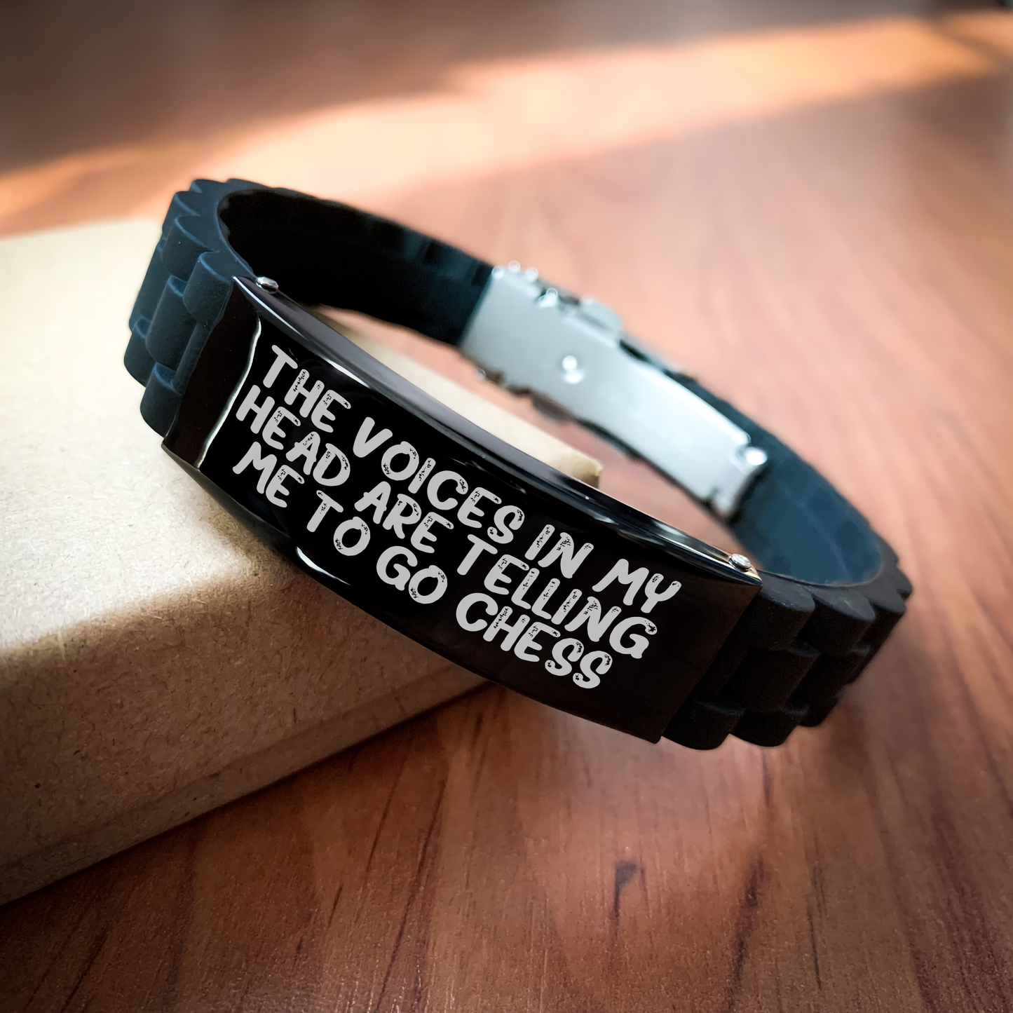 Funny Chess Gifts for Men from Friends - Glide lock Clasp Black Stainless Steel Silicone Adjustable Watch Bead - The Voices In My Head Are Telling Me To Go Chess Birthday Graduation - Image 2