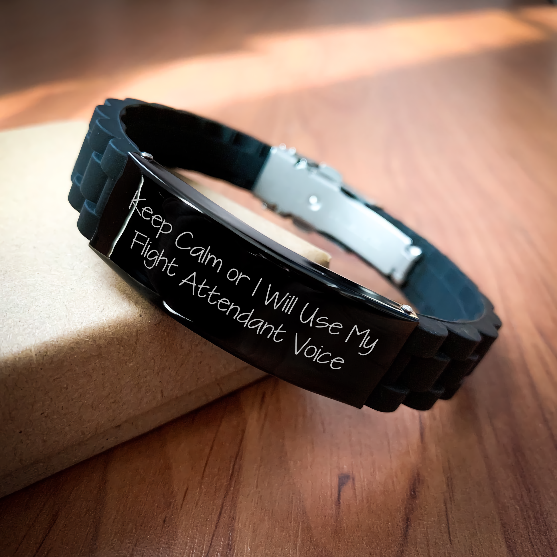 Flight Attendant Humor Gifts from Friends, Funny Quotes Glide lock Clasp Adjustable Black Stainless Steel Silicone Bracelet for Flight Attendant Graduation Unique Gifts - Image 2