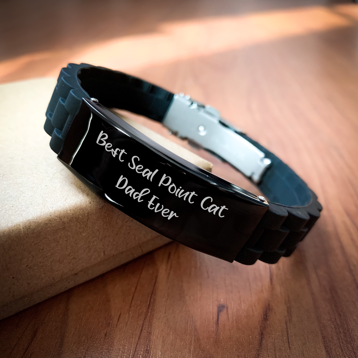 Seal Point Cat Lover Gifts from Men, Funny Quote Mom to Seal Point Cat Dad, Glide lock Clasp Adjustable Black Stainless Steel Silicone Bracelet for Father's Day Unique Gifts - Image 2