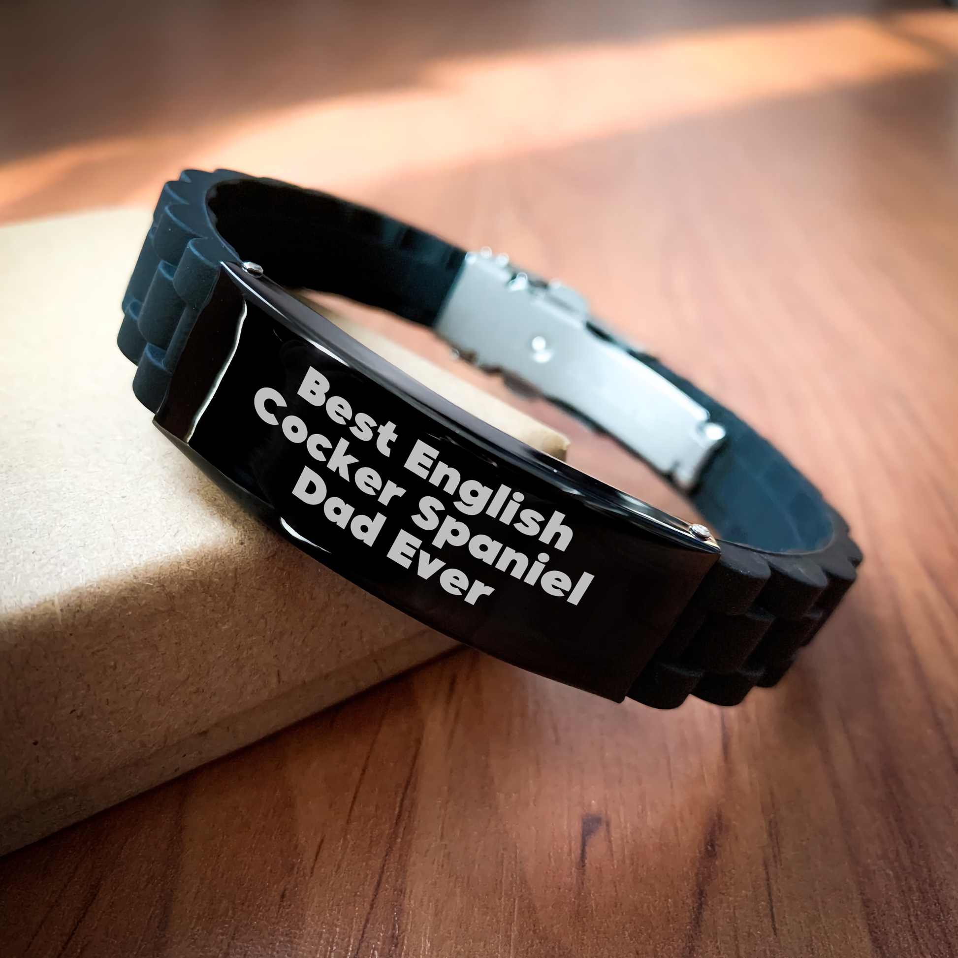 English Cocker Spaniel Dog Dad Gifts from Friends, Best Fathers Day Unique Gifts Quote, Glide lock Clasp Adjustable Black Stainless Steel Silicone Silver - Image 2