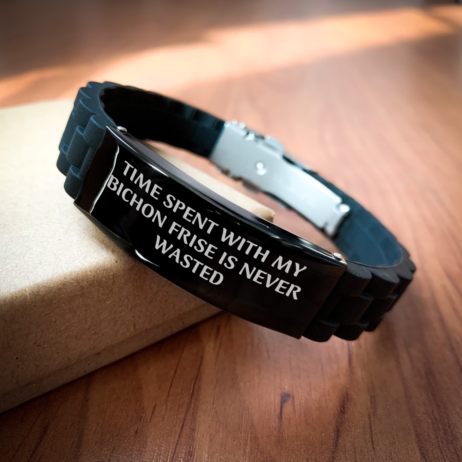 Bichon Frise Dog Lovers Gifts from Men to Bichon Frise Dog - Glide lock Clasp Bracelet with Inspirational Quote, Black, Silver, Stainless Steel, and Silicone - Unique Father's Day Unique Gift - Image 2
