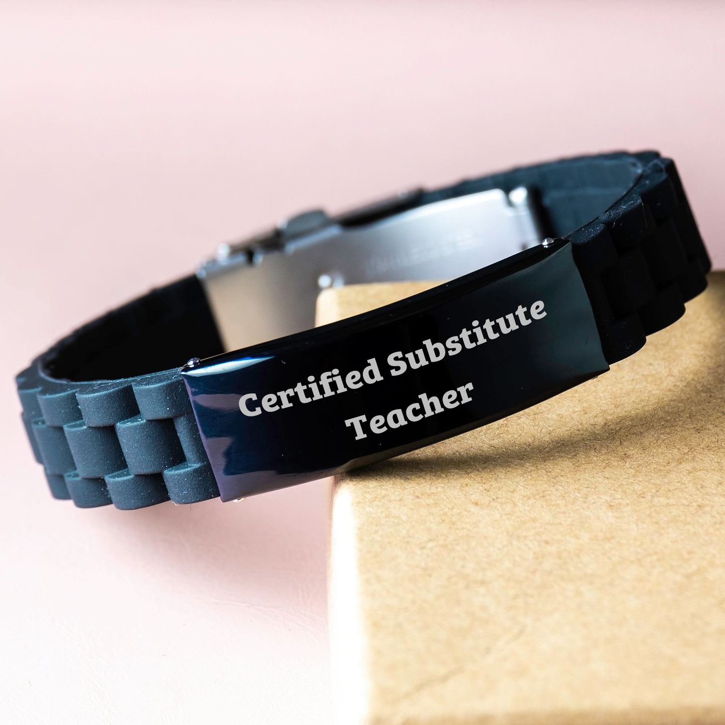 Funny Quote Certified Substitute Teacher Gift from Friends for Mother's Day Glide lock Clasp Adjustable Silicone Black Stainless Steel Silver Jewelry - Image 3