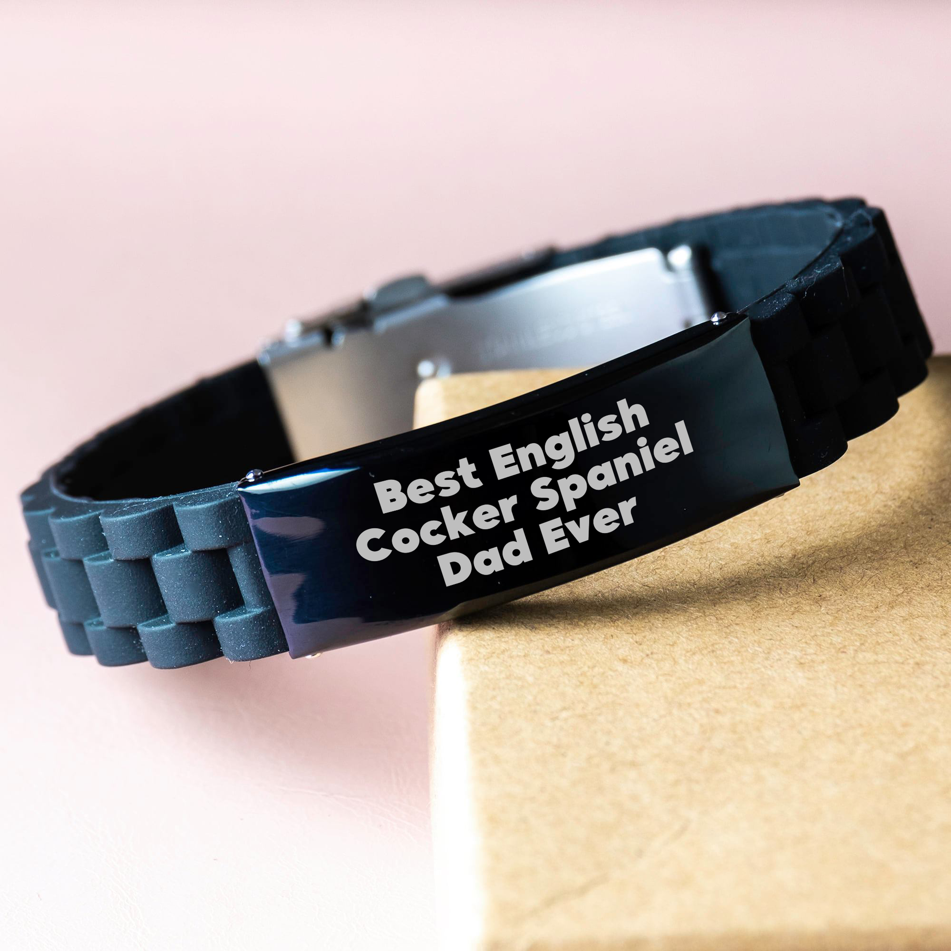 English Cocker Spaniel Dog Dad Gifts from Friends, Best Fathers Day Unique Gifts Quote, Glide lock Clasp Adjustable Black Stainless Steel Silicone Silver - Image 3