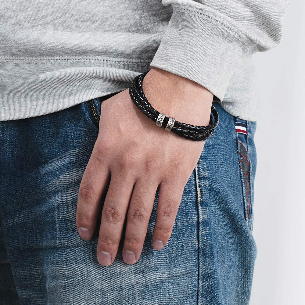 Engraved Titanium Beads Leather Bracelet - Personalized Keepsake