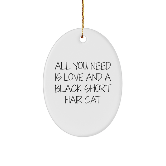 Funny Black Short Hair Cat Gifts from Friends for Christmas - Oval Ornament with All You Need Is Love And A Black Short Hair Cat Quote - Image 1