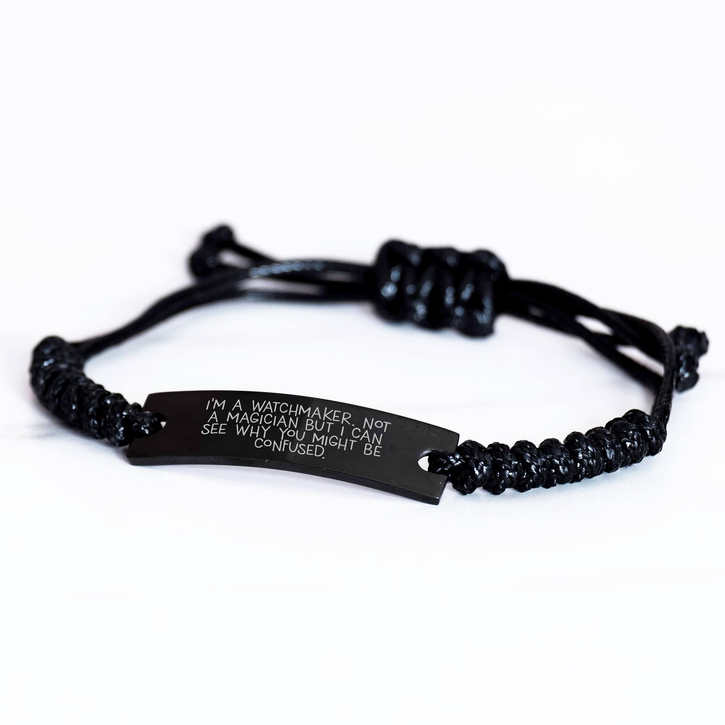 Watchmaker Gifts from Friends to Watchmaker, Inspirational Rope Bracelet for Graduation, 'I'm A Watchmaker, Not A Magician' Quote, Black Stainless Steel with Interlaced Rope, Adjustable, Organza Bag - Image 2