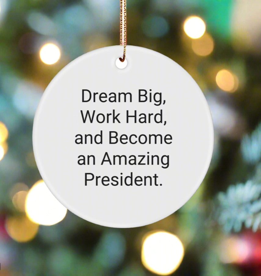 Inspirational President Gifts from Friends - Dream Big, Work Hard Circle Ornament for Him or Her, Funny White Christmas Ornament