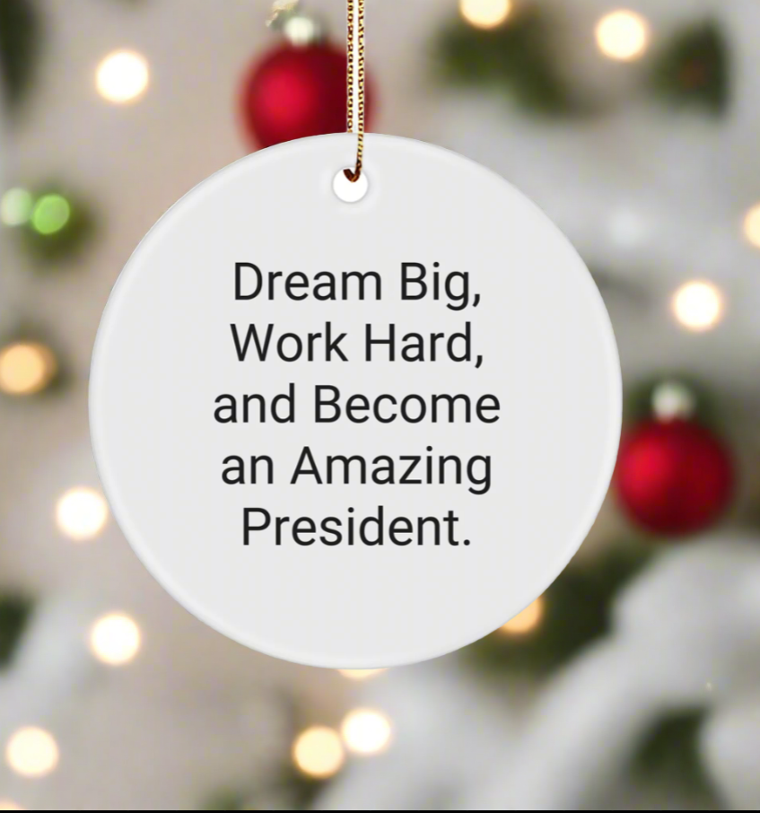 Inspirational President Gifts from Friends - Dream Big, Work Hard Circle Ornament for Him or Her, Funny White Christmas Ornament