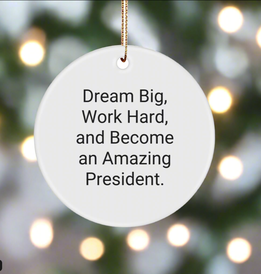 Inspirational President Gifts from Friends - Dream Big, Work Hard Circle Ornament for Him or Her, Funny White Christmas Ornament
