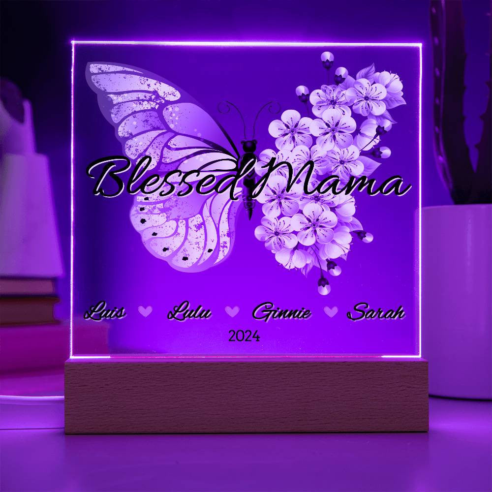 Personalized Pink Butterfly Blessed Mama with Kids Names Plaque
