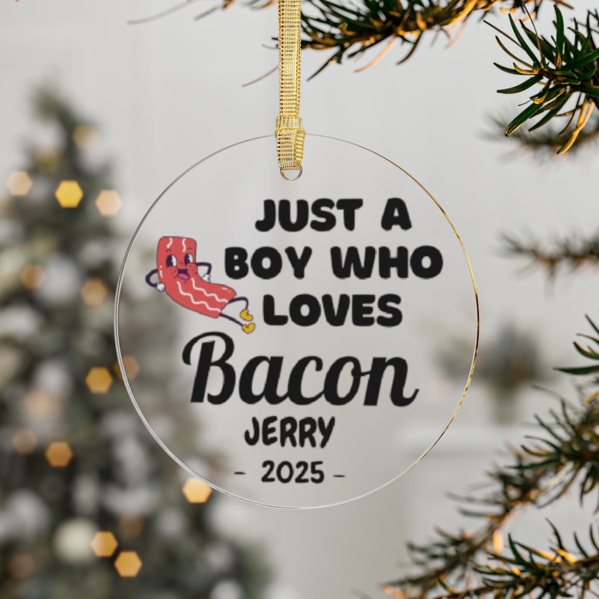 Personalized Bacon Ornament, Custom Just a Boy Who Loves Bacon Holiday Ornament, Bacon Lover Gift Xmas Ornament, Breakfast Lover Ornament