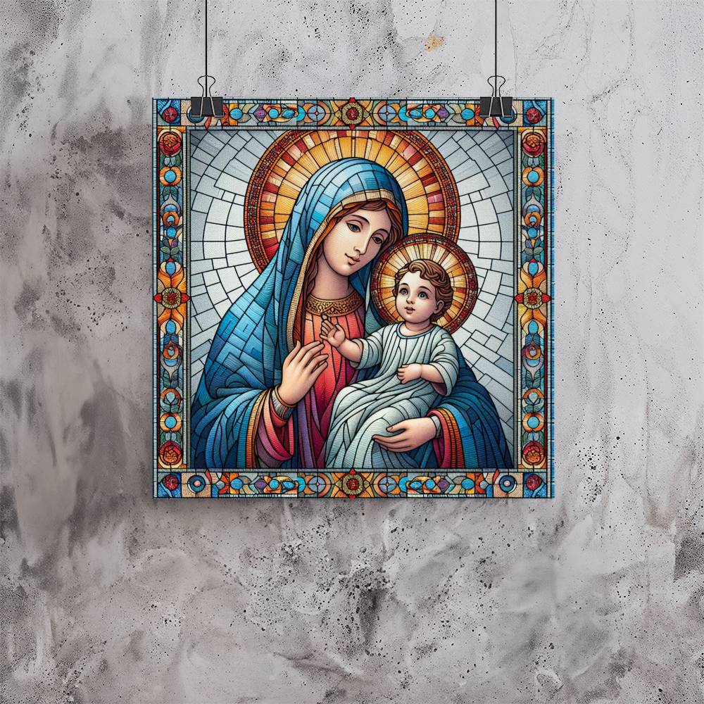 Virgin Mary and Baby Jesus Stained Art Style Poster