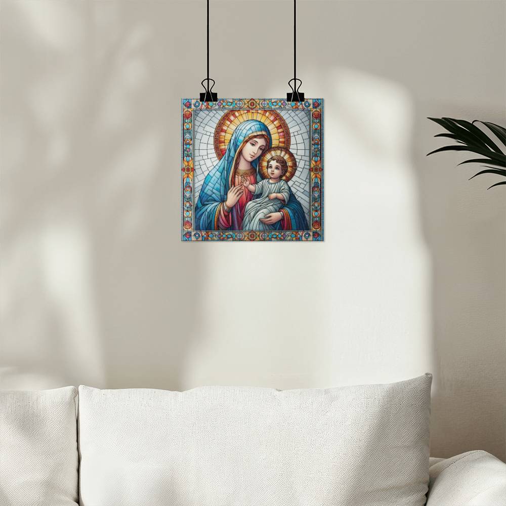 Virgin Mary and Baby Jesus Stained Art Style Poster