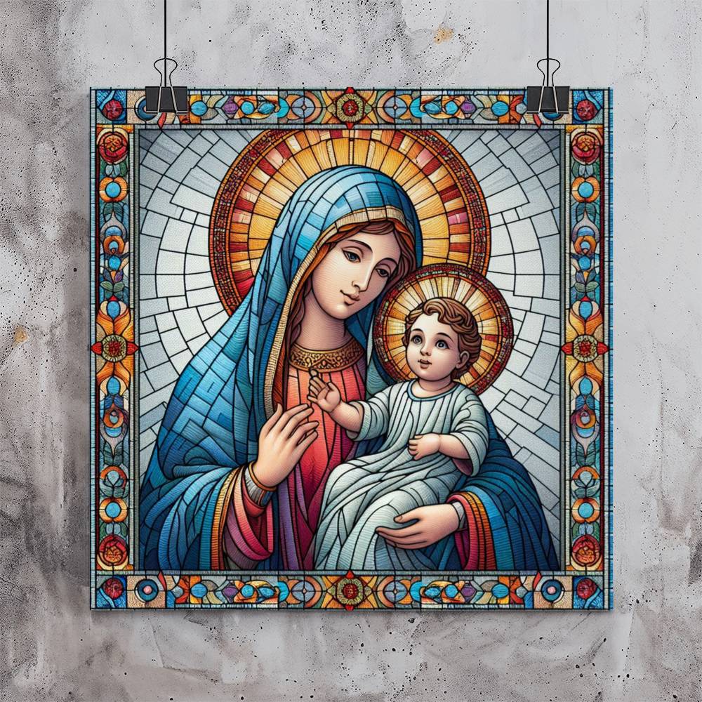 Virgin Mary and Baby Jesus Stained Art Style Poster