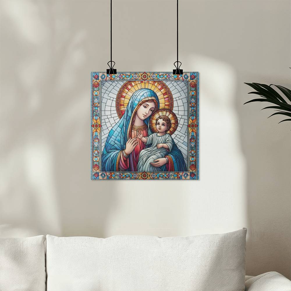 Virgin Mary and Baby Jesus Stained Art Style Poster