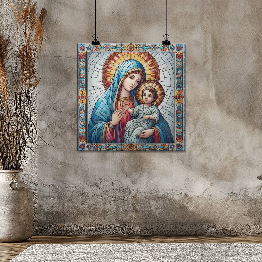 Virgin Mary and Baby Jesus Stained Art Style Poster