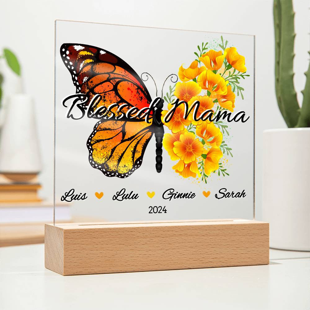 Personalized Floral Butterfly Blessed Mama with Kids Names Plaque