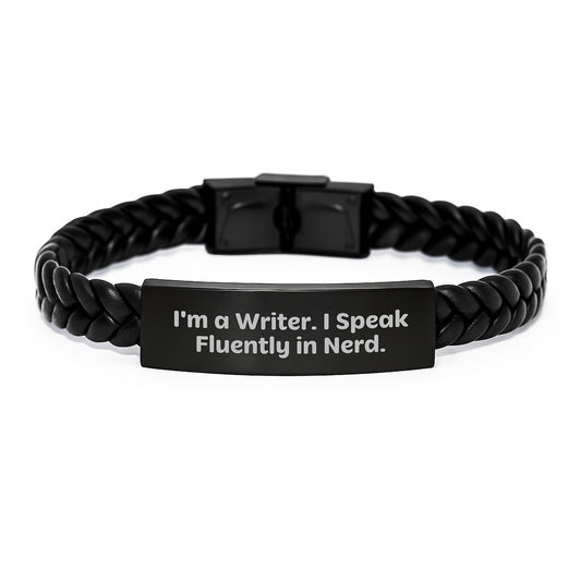 Writer's Delight, Funny Quote Interlaced Leather Bracelet, Gifts from Friends for Birthday, I'm A Writer. I Speak Fluently In genius. - Image 1